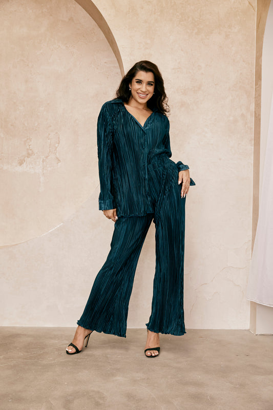 Paula Plisse Pant in Dark Emerald