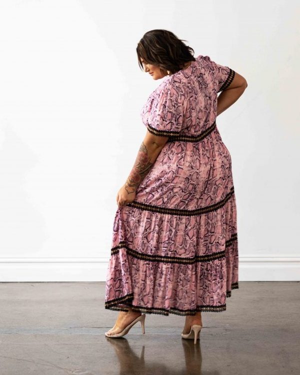 Venice Maxi Dress in Pink Snakeprint with Black Lace Trim