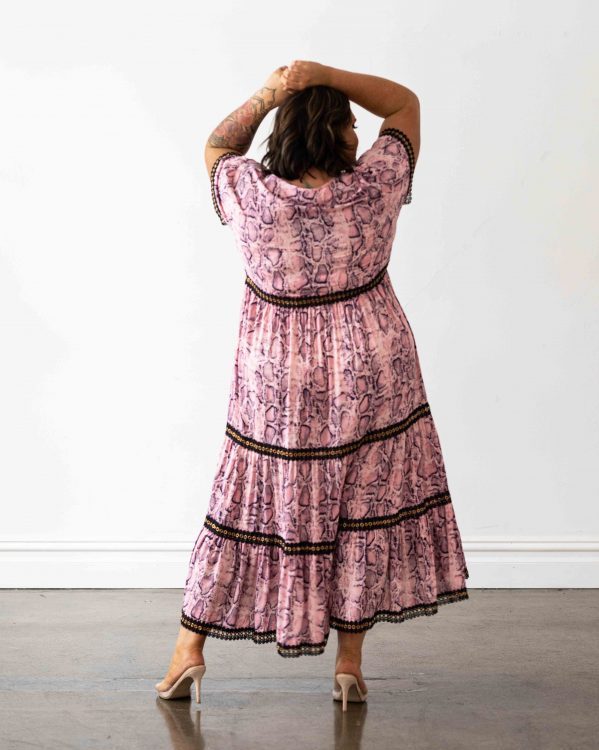 Venice Maxi Dress in Pink Snakeprint with Black Lace Trim
