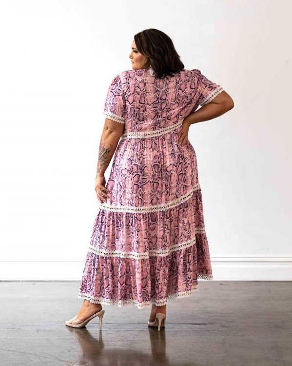 Venice Maxi Dress in Pink Snakeprint with White Lace Trim