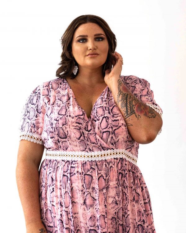 Venice Maxi Dress in Pink Snakeprint with White Lace Trim