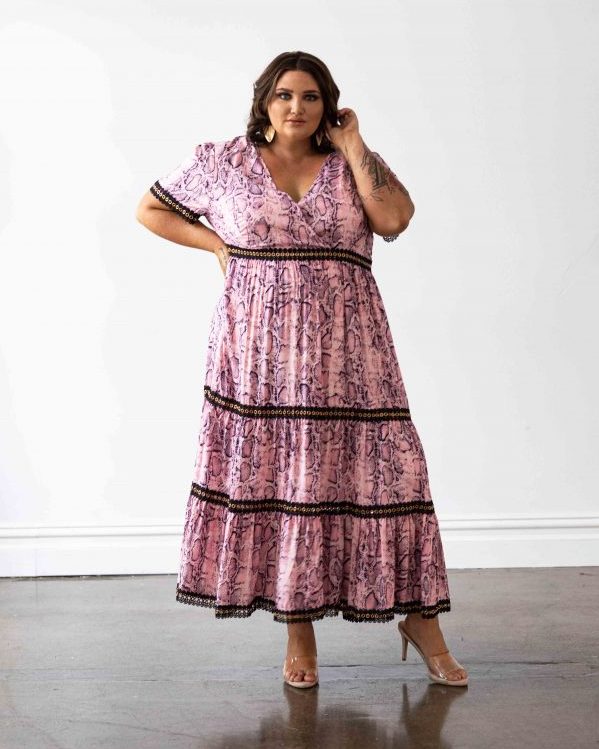 Venice Maxi Dress in Pink Snakeprint with Black Lace Trim