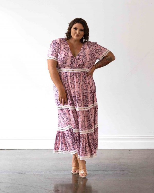 Venice Maxi Dress in Pink Snakeprint with White Lace Trim