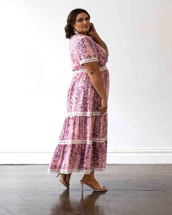 Venice Maxi Dress in Pink Snakeprint with White Lace Trim