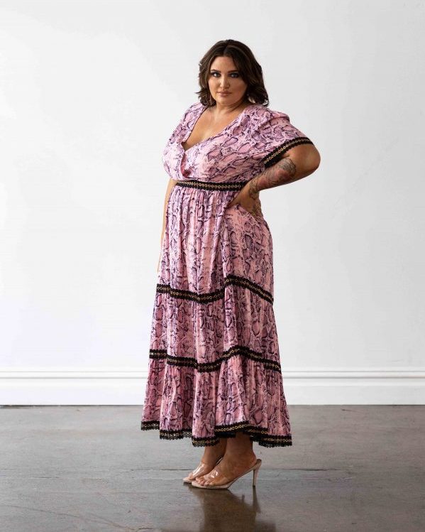 Venice Maxi Dress in Pink Snakeprint with Black Lace Trim