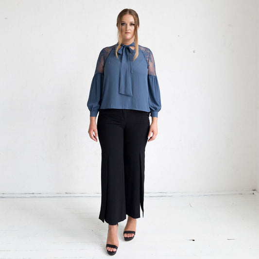 Geranium Lace Shoulder Blouse - Charcoal Blue - FINAL SALE
