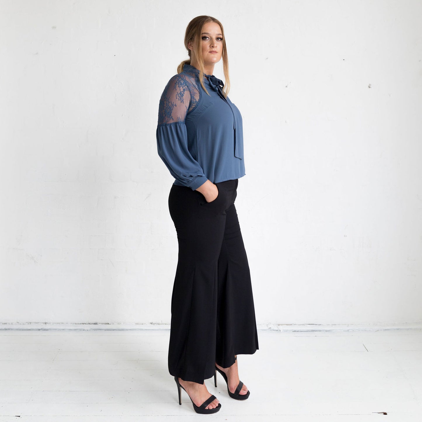 Geranium Lace Shoulder Blouse - Charcoal Blue - FINAL SALE