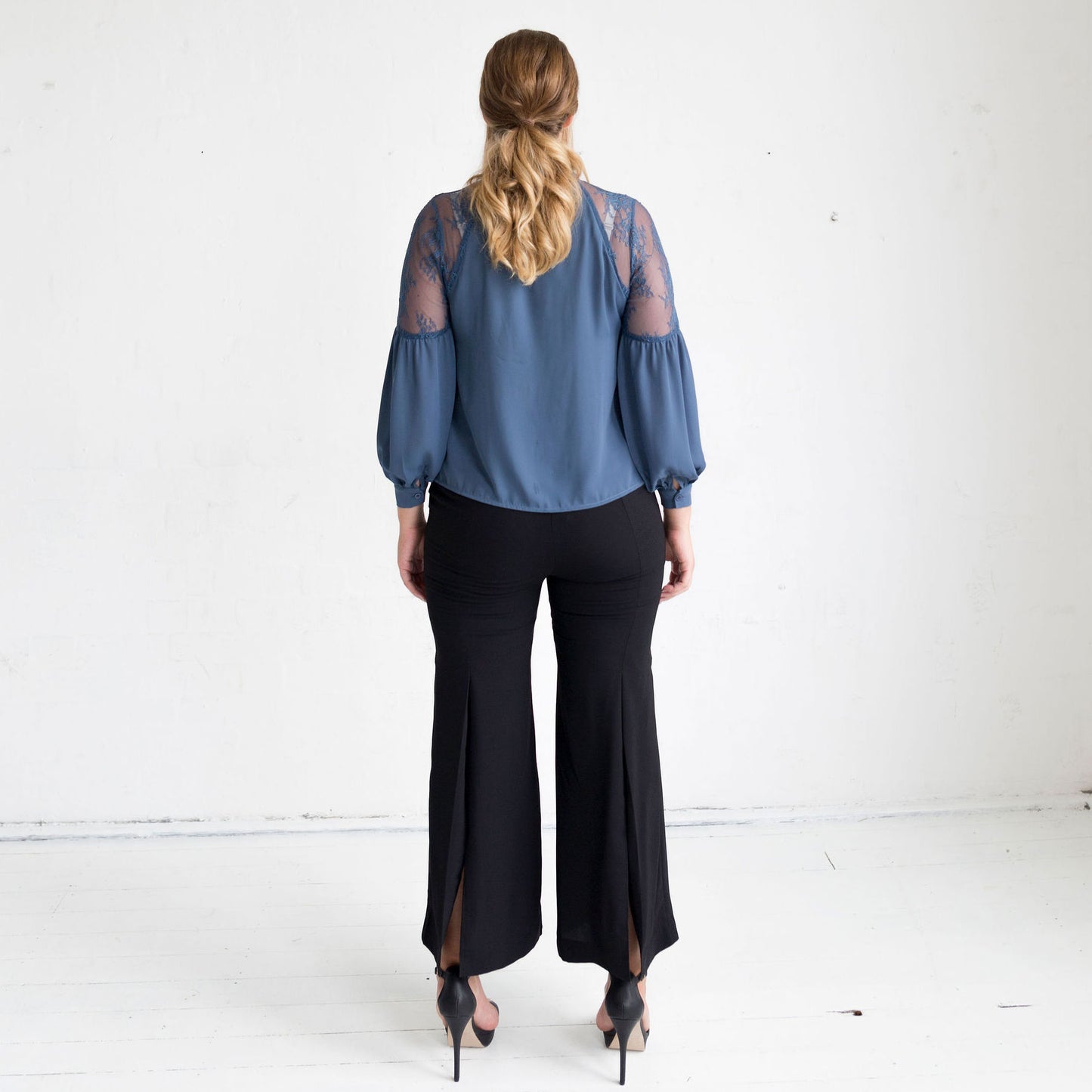 Geranium Lace Shoulder Blouse - Charcoal Blue - FINAL SALE