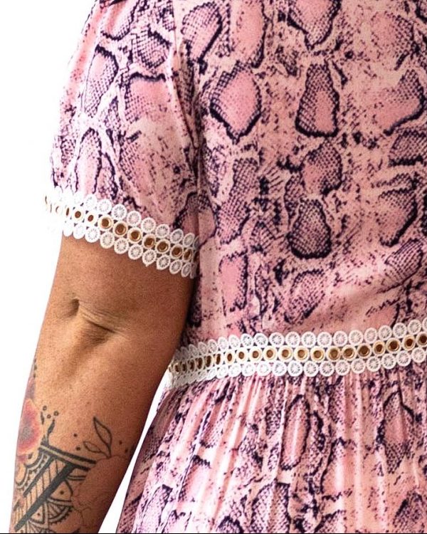 Venice Maxi Dress in Pink Snakeprint with White Lace Trim