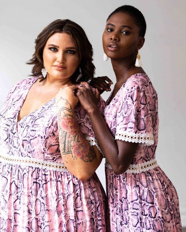 Venice Maxi Dress in Pink Snakeprint with White Lace Trim
