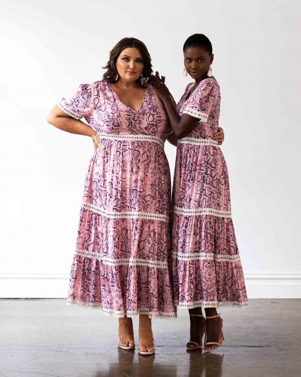 Venice Maxi Dress in Pink Snakeprint with White Lace Trim