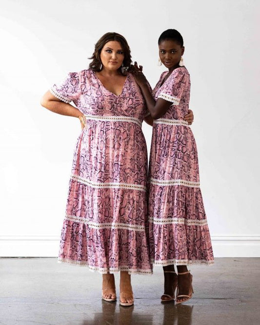 Venice Maxi Dress in Pink Snakeprint with White Lace Trim
