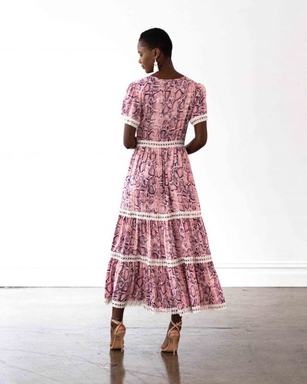 Venice Maxi Dress in Pink Snakeprint with White Lace Trim