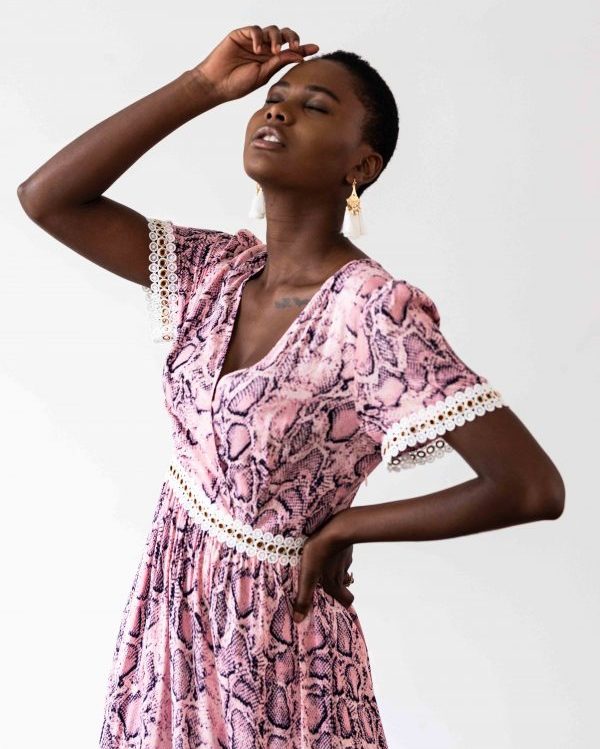 Venice Maxi Dress in Pink Snakeprint with White Lace Trim