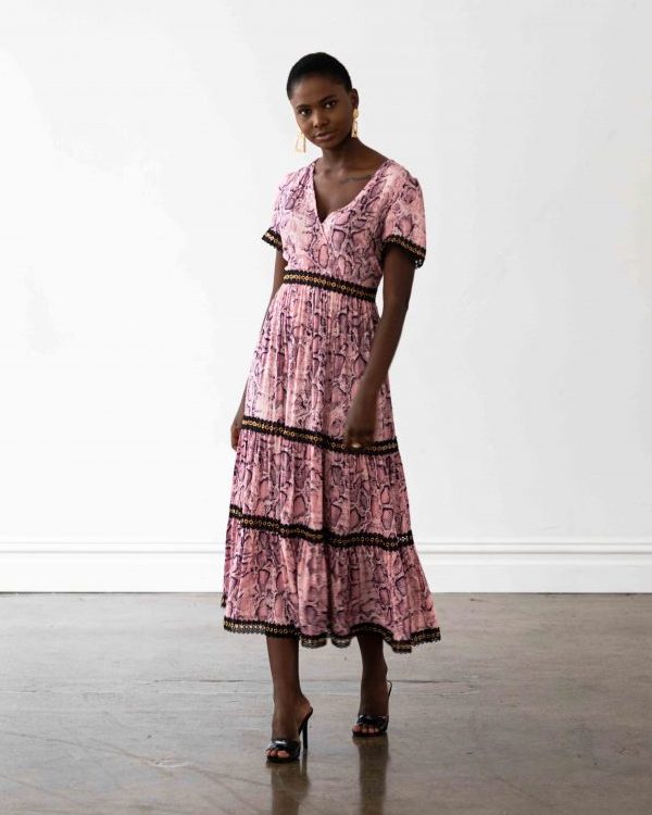 Venice Maxi Dress in Pink Snakeprint with Black Lace Trim