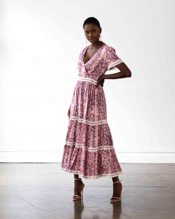 Venice Maxi Dress in Pink Snakeprint with White Lace Trim