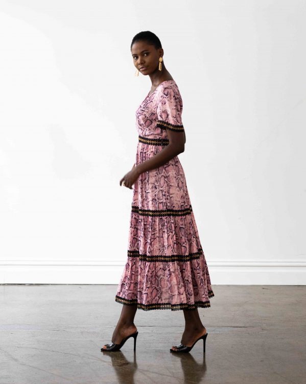 Venice Maxi Dress in Pink Snakeprint with Black Lace Trim
