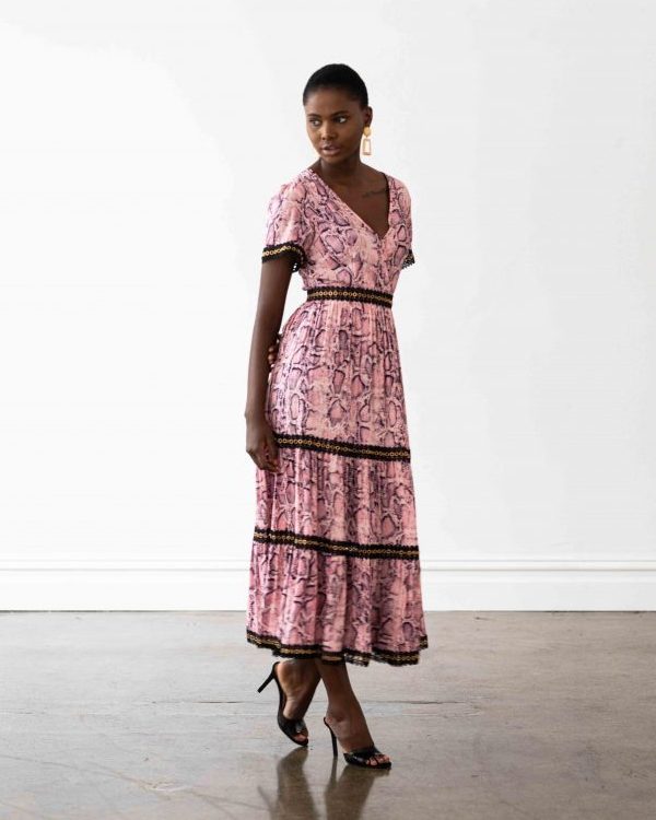 Venice Maxi Dress in Pink Snakeprint with Black Lace Trim