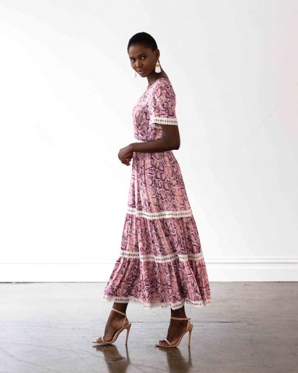 Venice Maxi Dress in Pink Snakeprint with White Lace Trim
