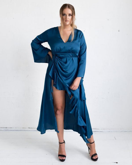 Jasmine Dress (with front ruffle) - Blue Peacock Colour - FINAL SALE