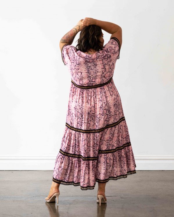 Venice Maxi Dress in Pink Snakeprint with Black Lace Trim - FINAL SALE