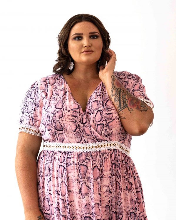 Venice Maxi Dress in Pink Snakeprint with White Lace Trim - FINAL SALE