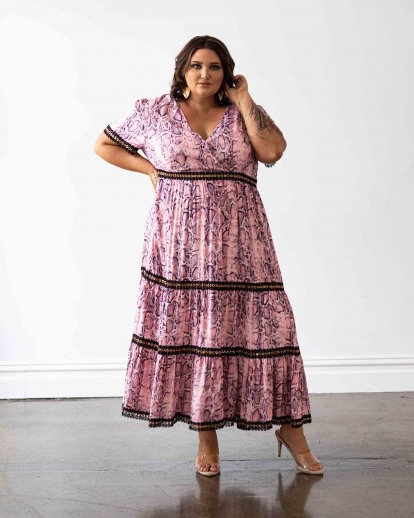 Venice Maxi Dress in Pink Snakeprint with Black Lace Trim - FINAL SALE